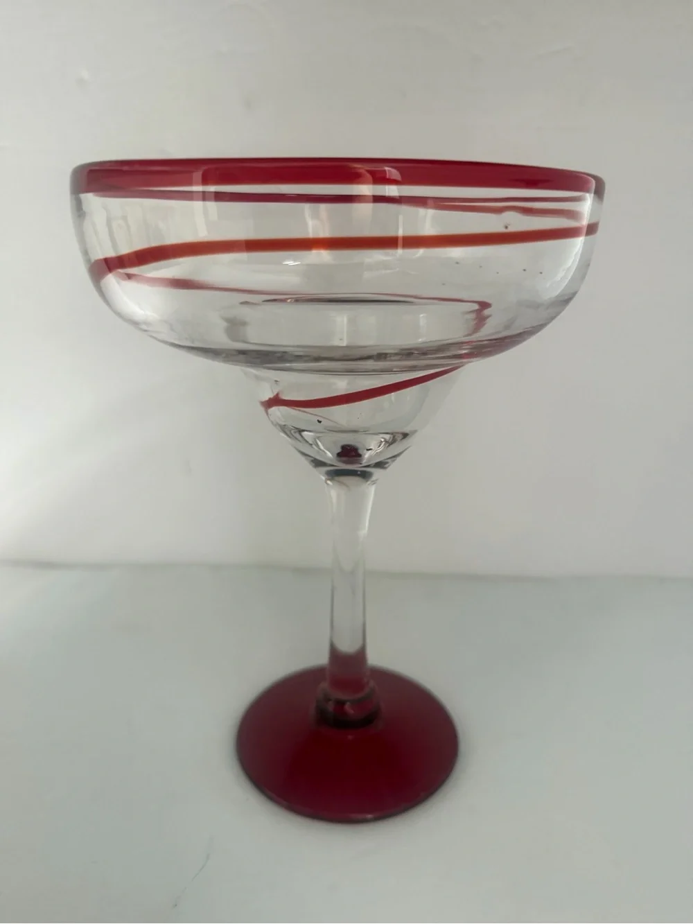 Set of 2 Hand Blowing Large Margarita Glasses with Blue & Red Accents